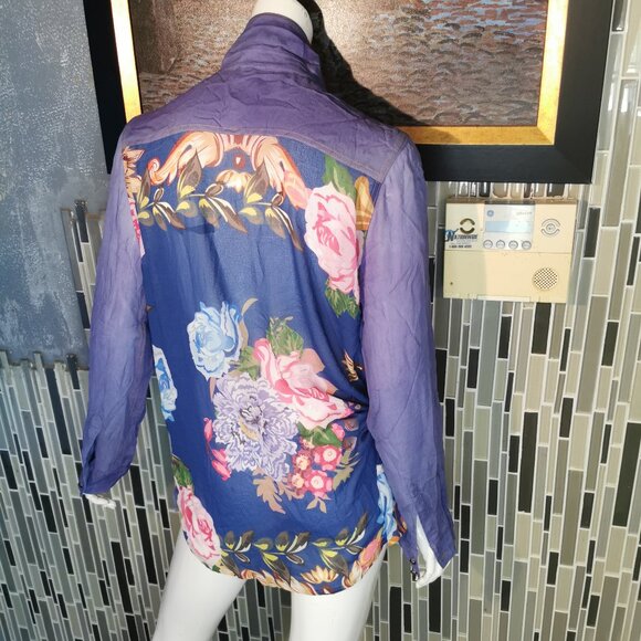 ARATTA SILENT JOURNEY Blue/Floral Boho Shirt Women's Size L Button Front 0033 - Picture 1 of 5